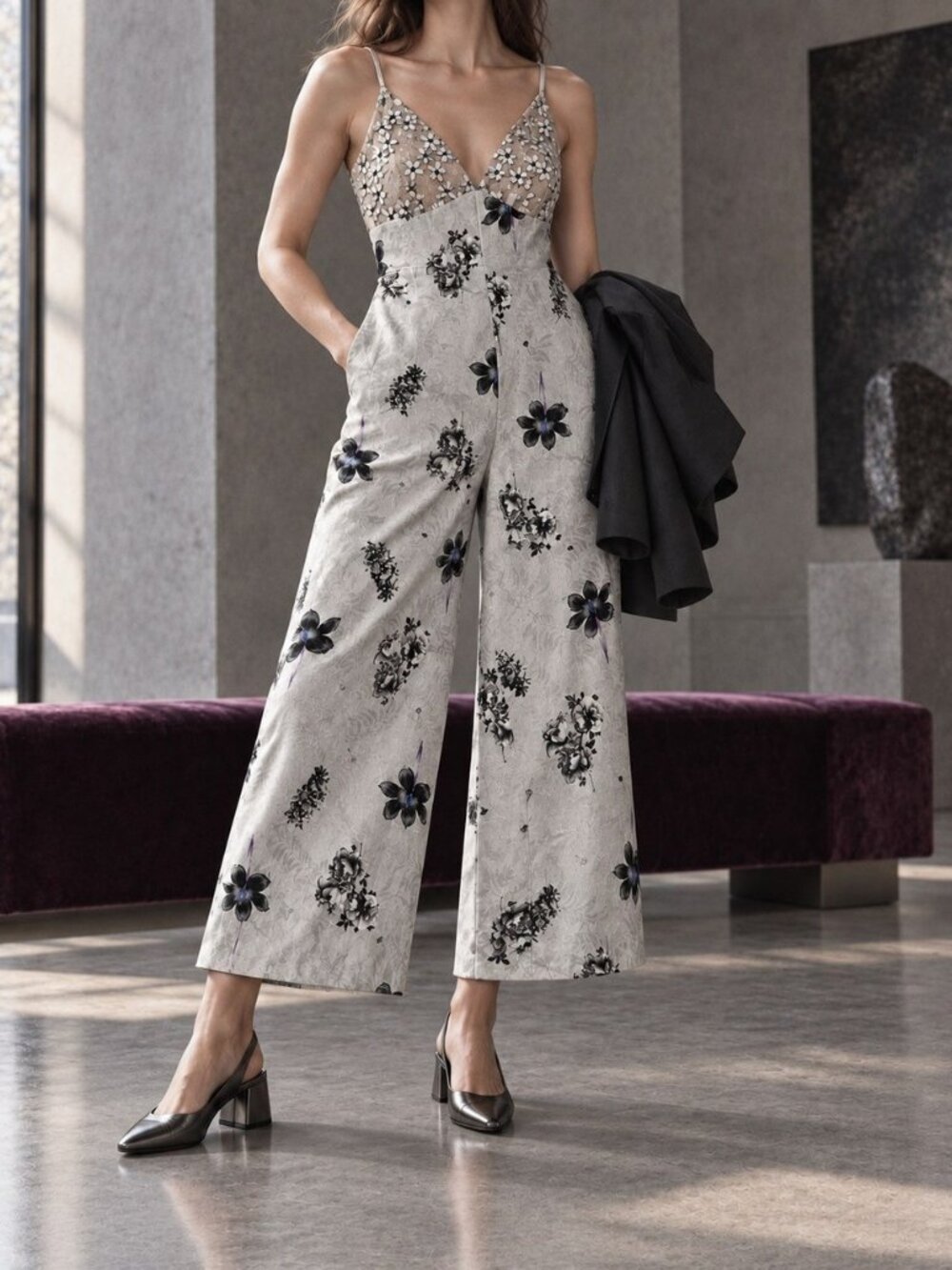 Topshop Floral Jacquard Lace-Bodice Wide-Leg Jumpsuit UK 10 US 6